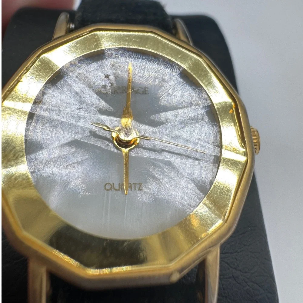 Carriage by Timex Womens Watch Gold Tone Decagon Mother‎ of Pearl Black Leather